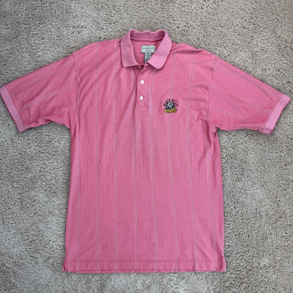 Cutter & Buck Golf Polo Mens L Quick Dry Pink Striped Black Bear Golf Club Logo